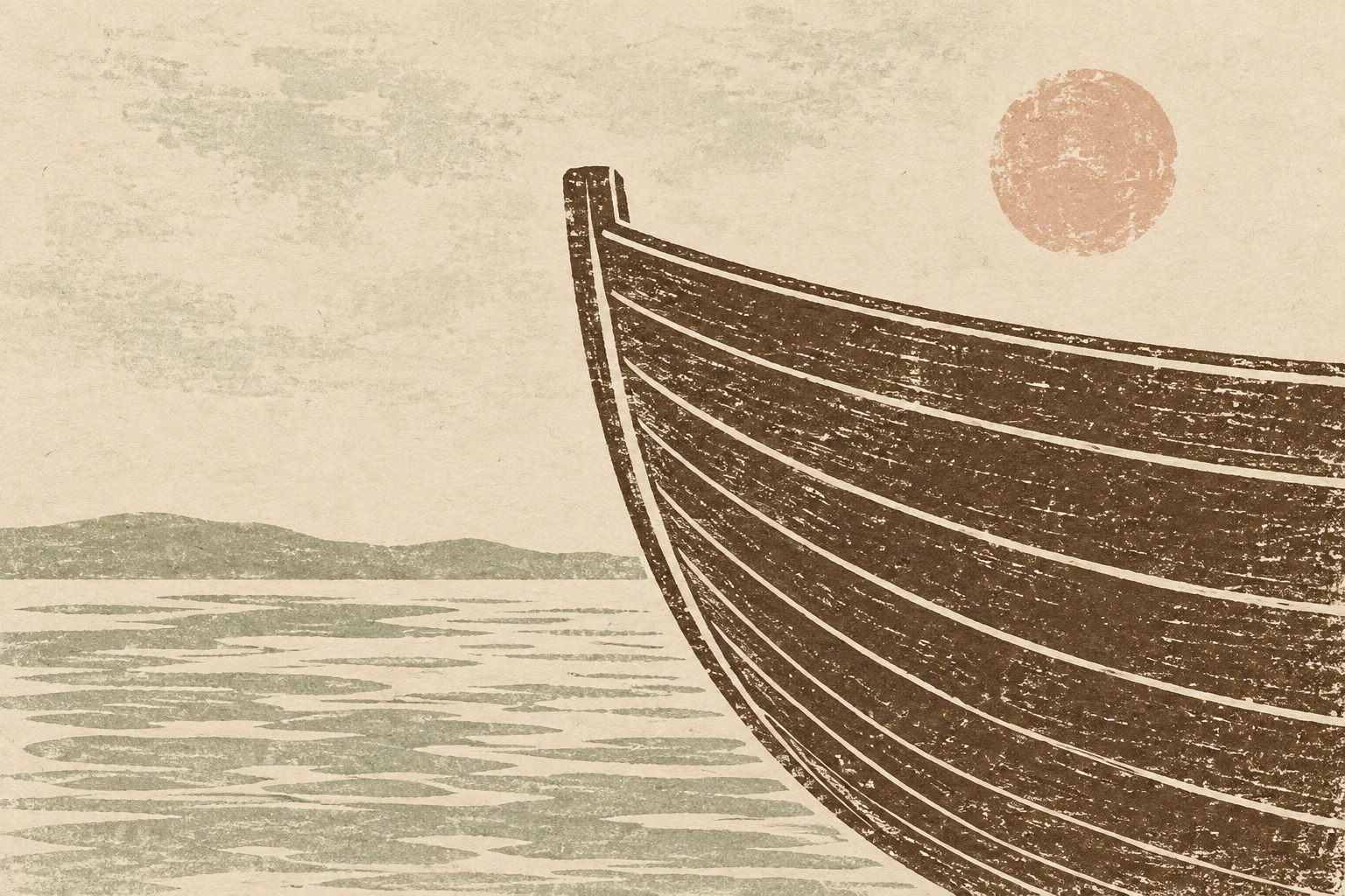 A boat hull curve entering from one edge in cream, stone, brown, olive; landscape artwork.