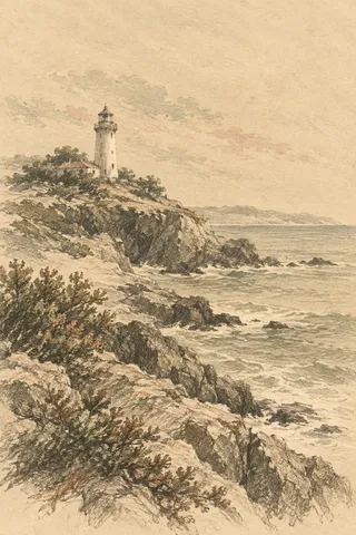 A lighthouse reduced to one pale vertical in cream, sand, taupe, olive; portrait artwork.