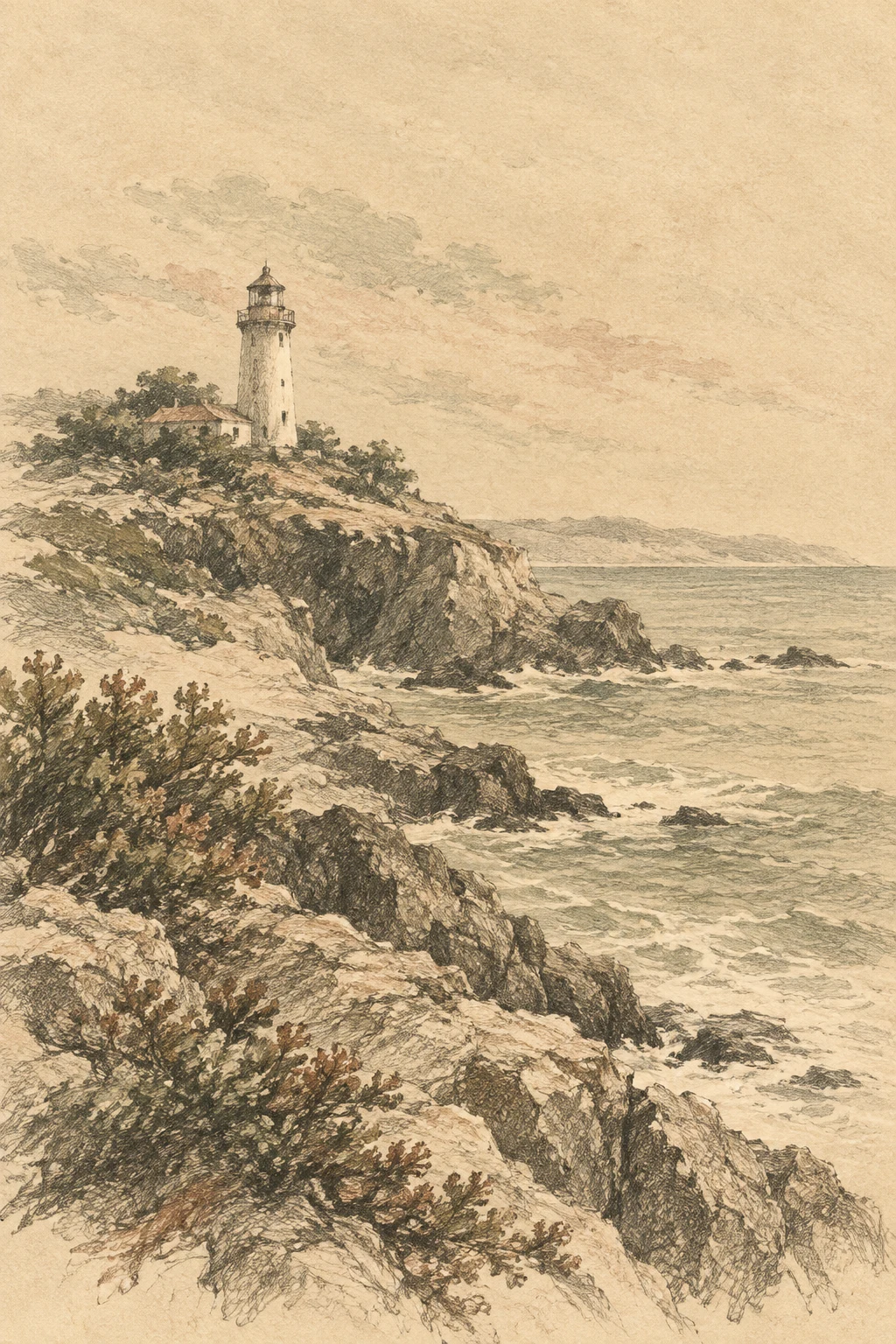 A lighthouse reduced to one pale vertical in cream, sand, taupe, olive; portrait artwork.