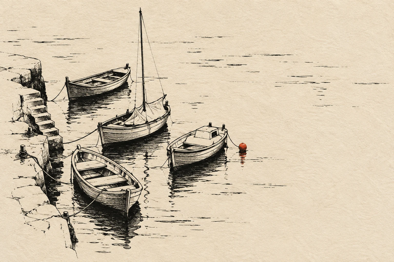 A row of small boats at rest, from above in cream, sand, charcoal; landscape artwork.