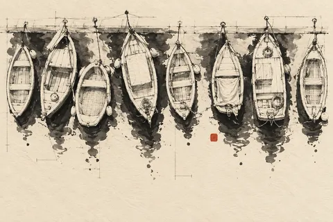 A row of small boats at rest, from above in cream, sand, taupe, charcoal; landscape artwork.