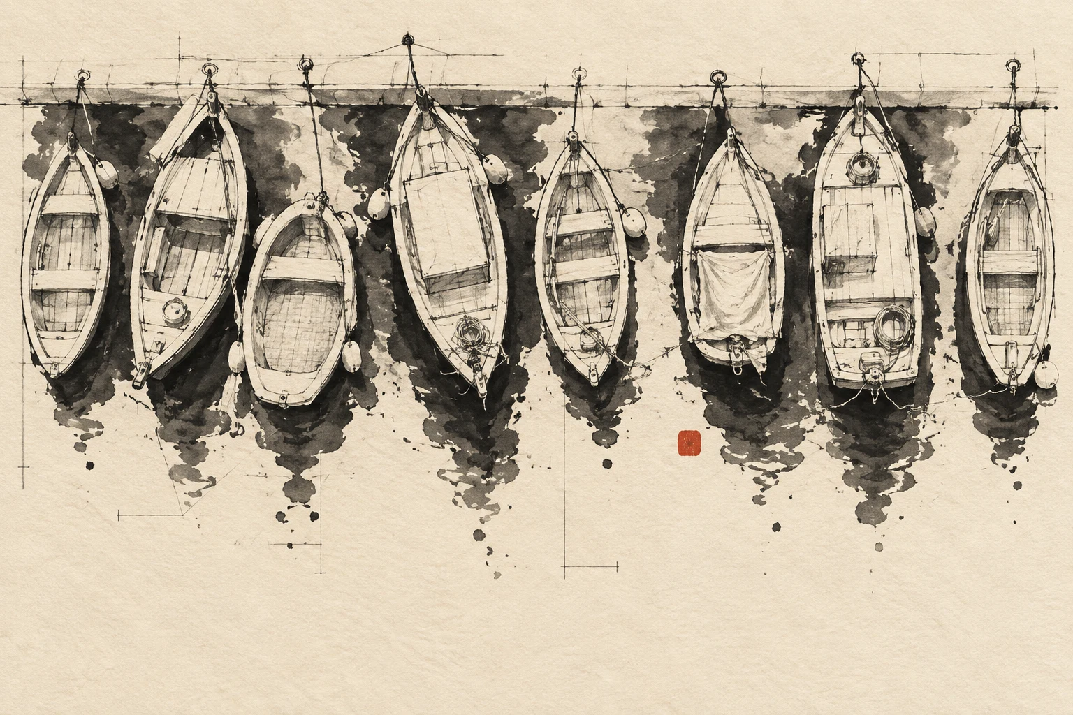 A row of small boats at rest, from above in cream, sand, taupe, charcoal; landscape artwork.