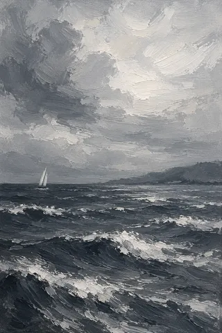 A single distant sail reduced to two strokes in gray, charcoal, stone, cream; portrait artwork.