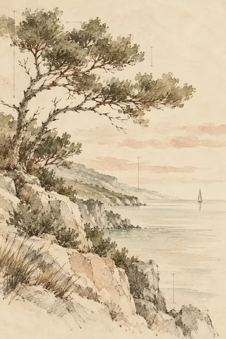 A single distant sail reduced to two strokes in cream, sage, sand, stone; portrait artwork.