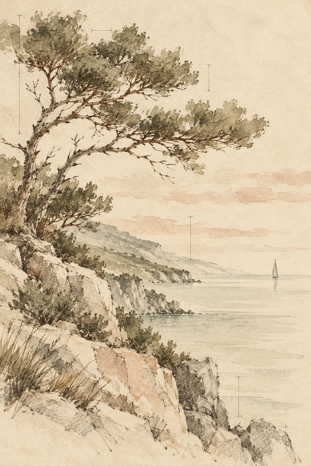 A single distant sail reduced to two strokes in cream, sage, sand, stone; portrait artwork.