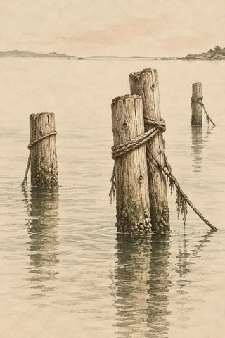 Mooring posts and their reflections in cream, sage, olive, stone; portrait artwork.