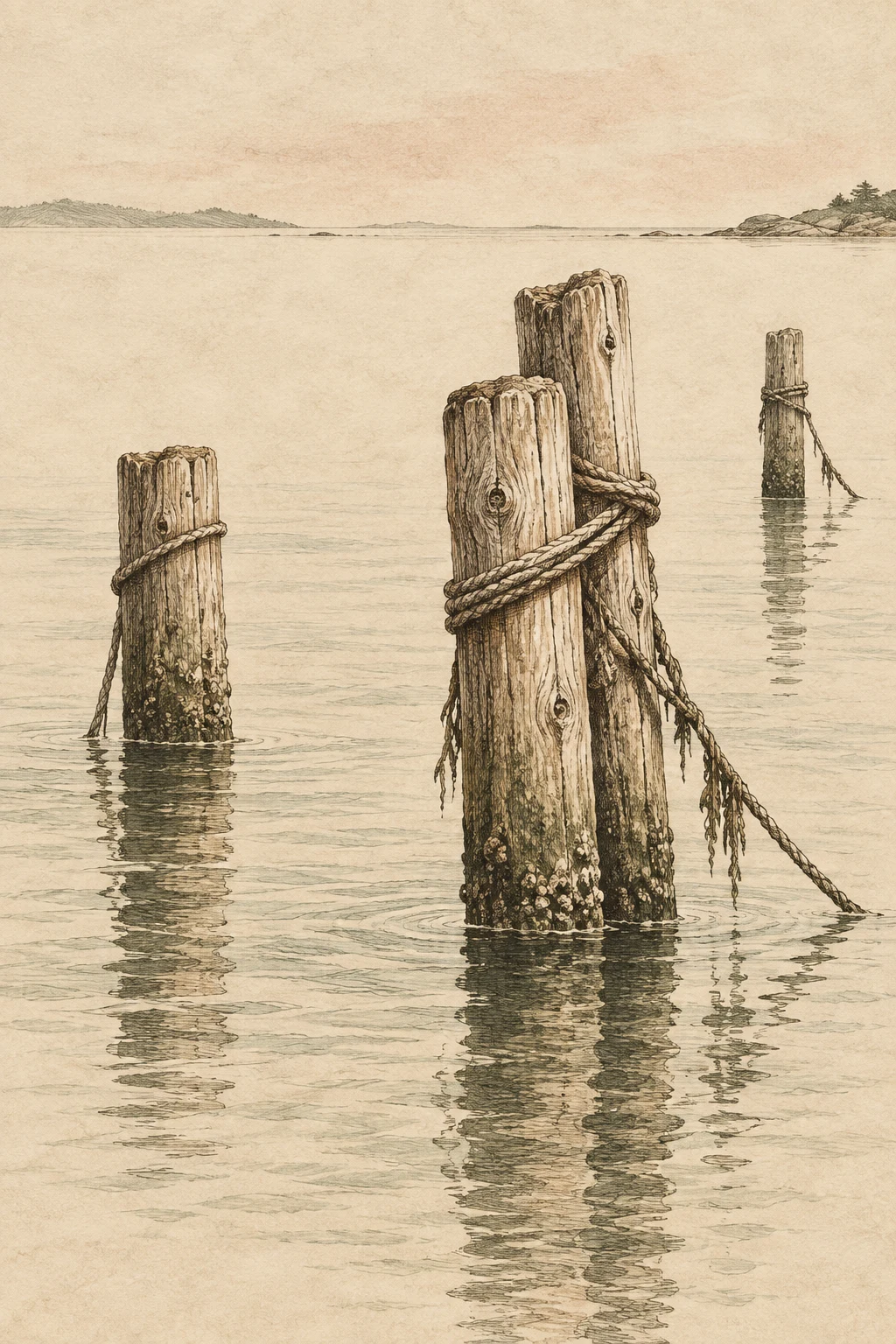 Mooring posts and their reflections in cream, sage, olive, stone; portrait artwork.