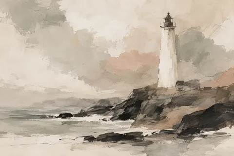 A lighthouse reduced to one pale vertical in cream, stone, sand, charcoal; landscape artwork.