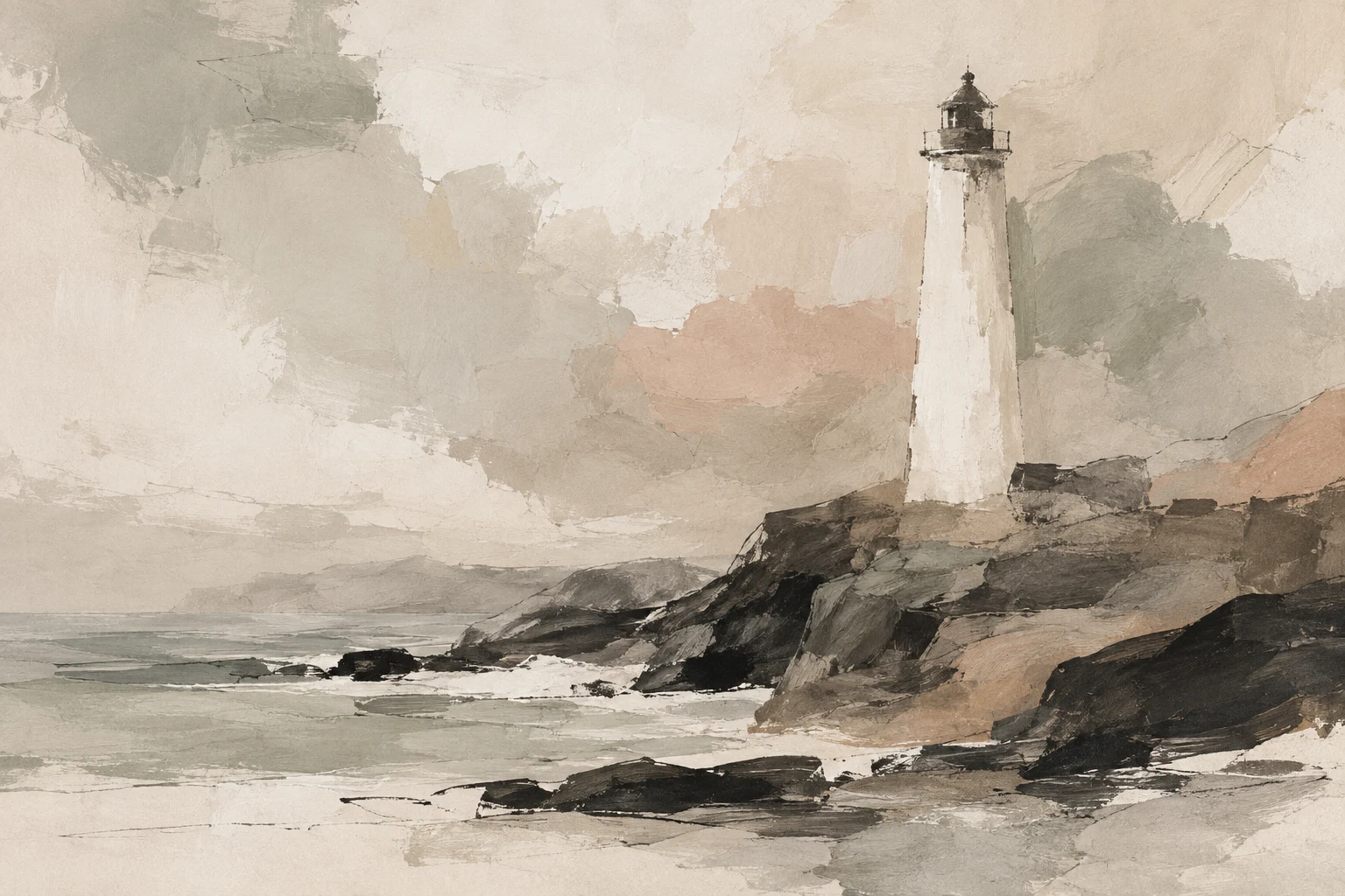 A lighthouse reduced to one pale vertical in cream, stone, sand, charcoal; landscape artwork.