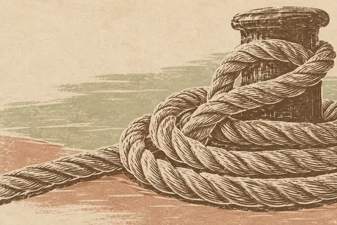 An anchor rope coiled in sand, cream, taupe, olive; landscape artwork.