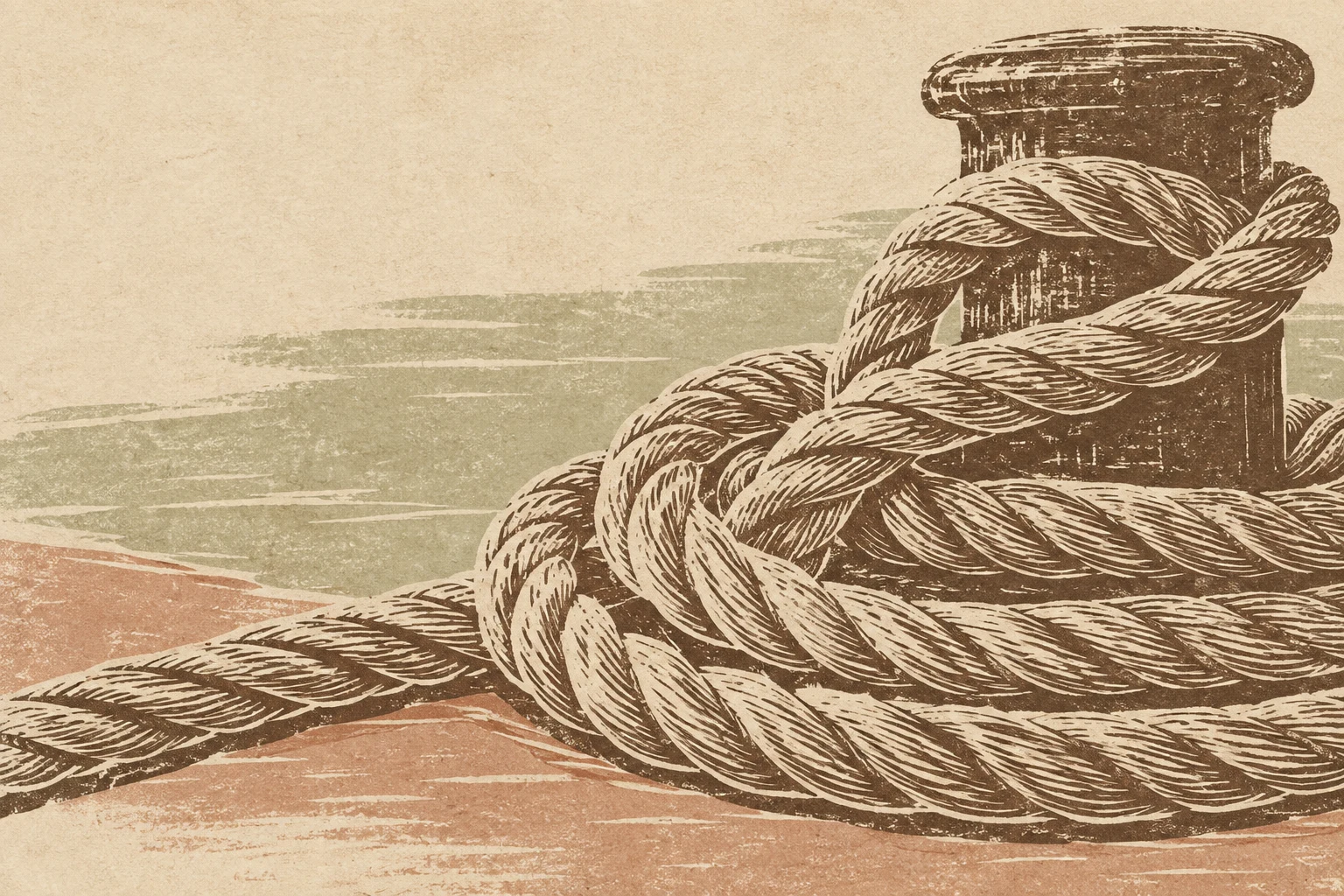 An anchor rope coiled in sand, cream, taupe, olive; landscape artwork.