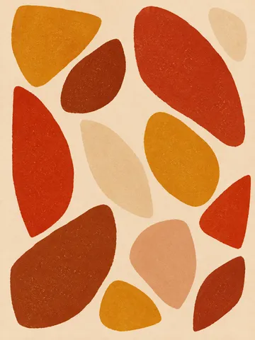 Scattered seed shapes in cream, red, orange, blush; portrait artwork.