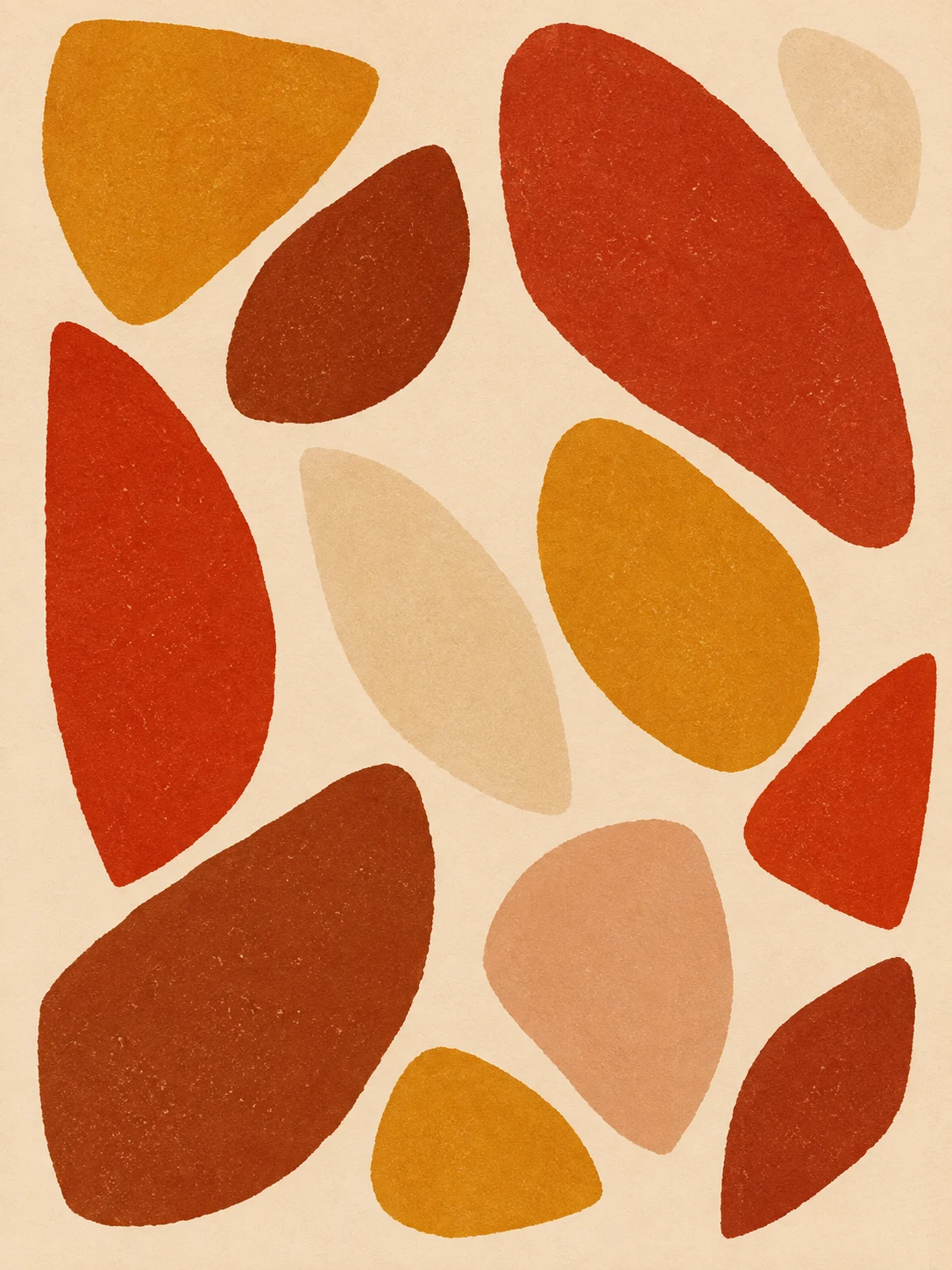 Scattered seed shapes in cream, red, orange, blush; portrait artwork.