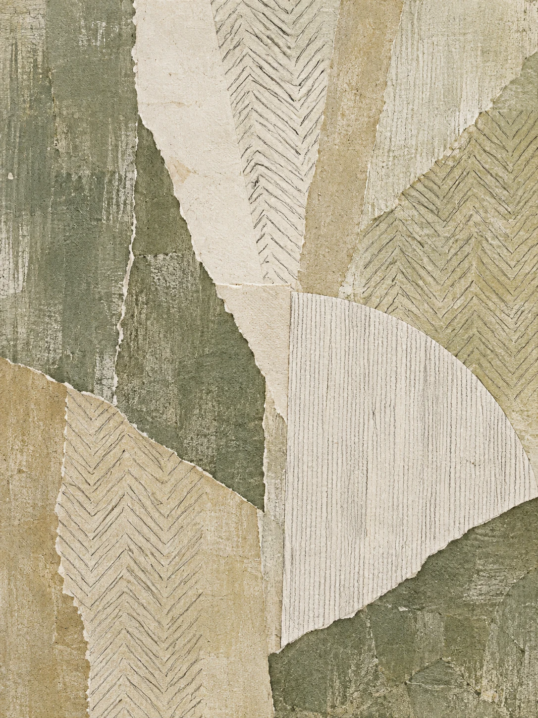 Chevrons that wander in stone, sage, cream, sand; portrait artwork.
