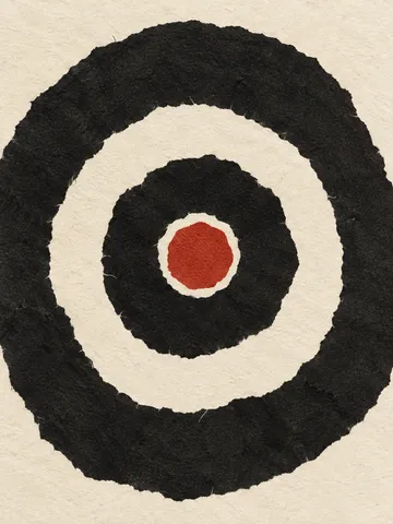 Concentric circles drawn freehand in black, cream, taupe; portrait artwork.