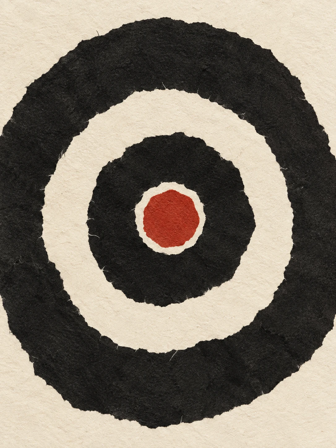 Concentric circles drawn freehand in black, cream, taupe; portrait artwork.