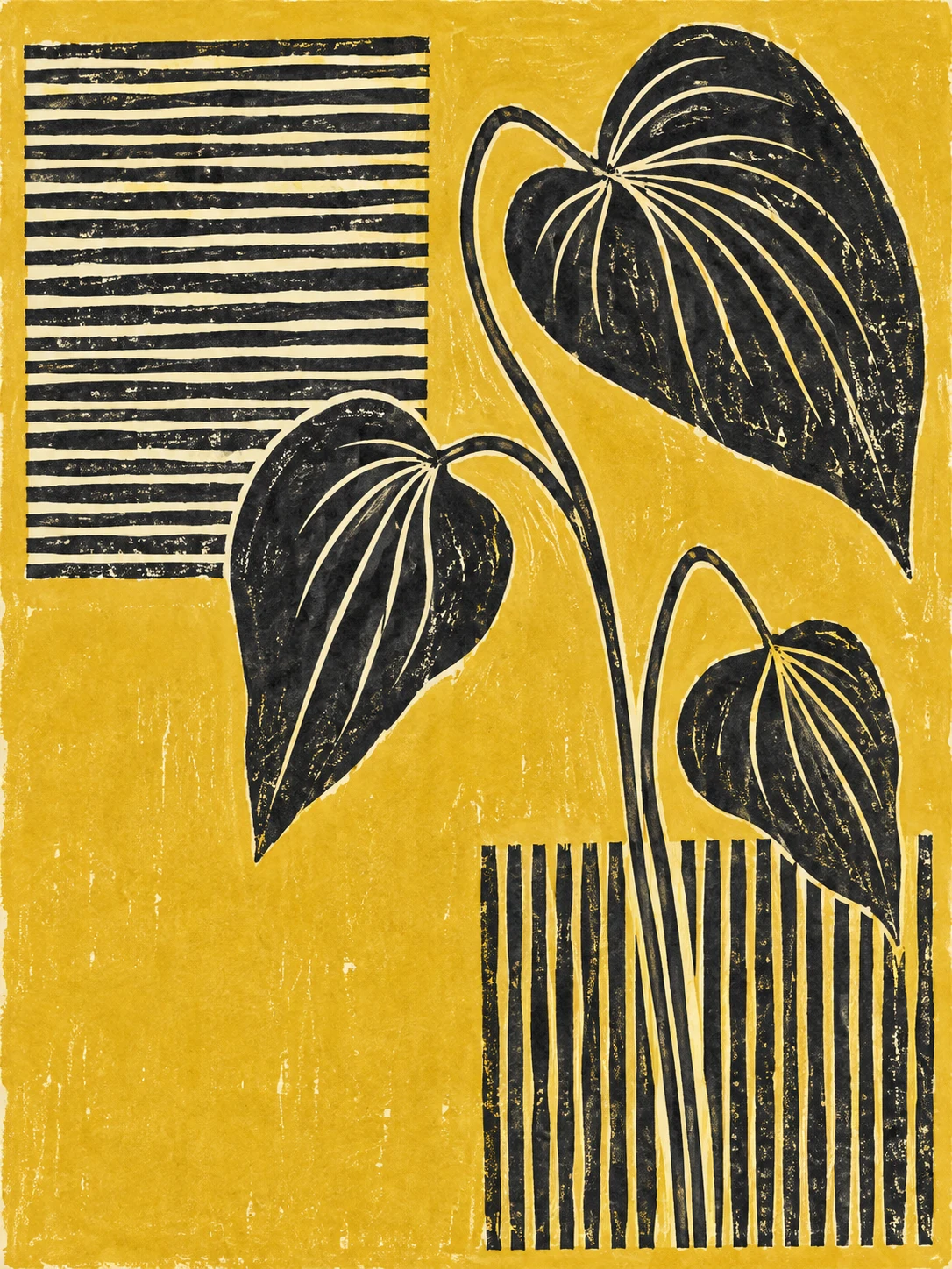 A stripe study with uneven hand-painted edges in yellow, taupe, brown, olive; portrait artwork.