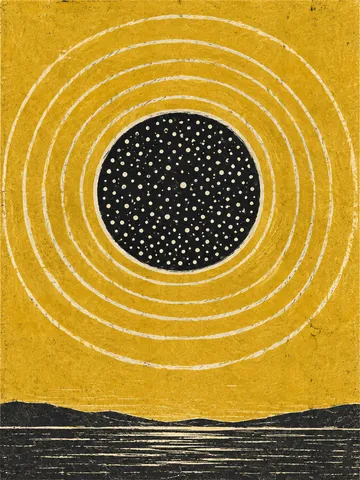 Concentric circles drawn freehand in yellow, black, charcoal; portrait artwork.
