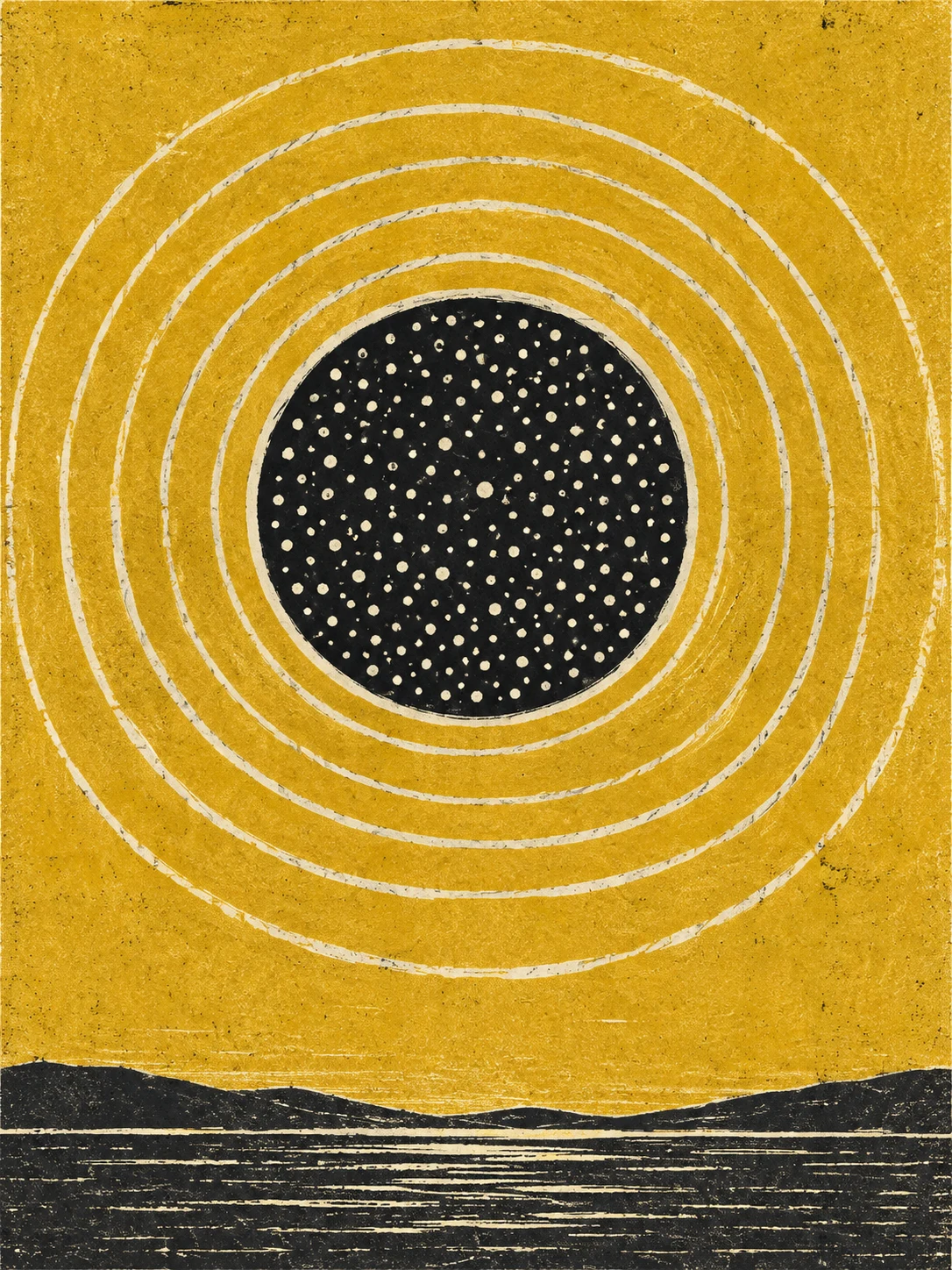 Concentric circles drawn freehand in yellow, black, charcoal; portrait artwork.