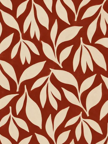 A hand-blocked repeat of small leaves, imperfect registration in rust, cream, blush, terracotta; portrait artwork.