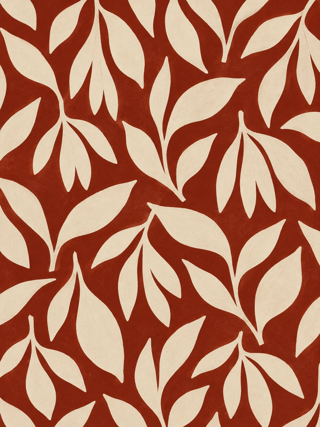 A hand-blocked repeat of small leaves, imperfect registration in rust, cream, blush, terracotta; portrait artwork.