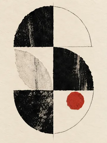 A tile pattern of quarter circles in cream, black, gray; portrait artwork.