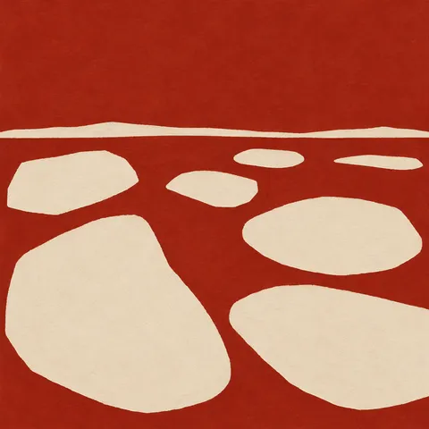A loose grid of brush dots in red, cream, blush; square artwork.