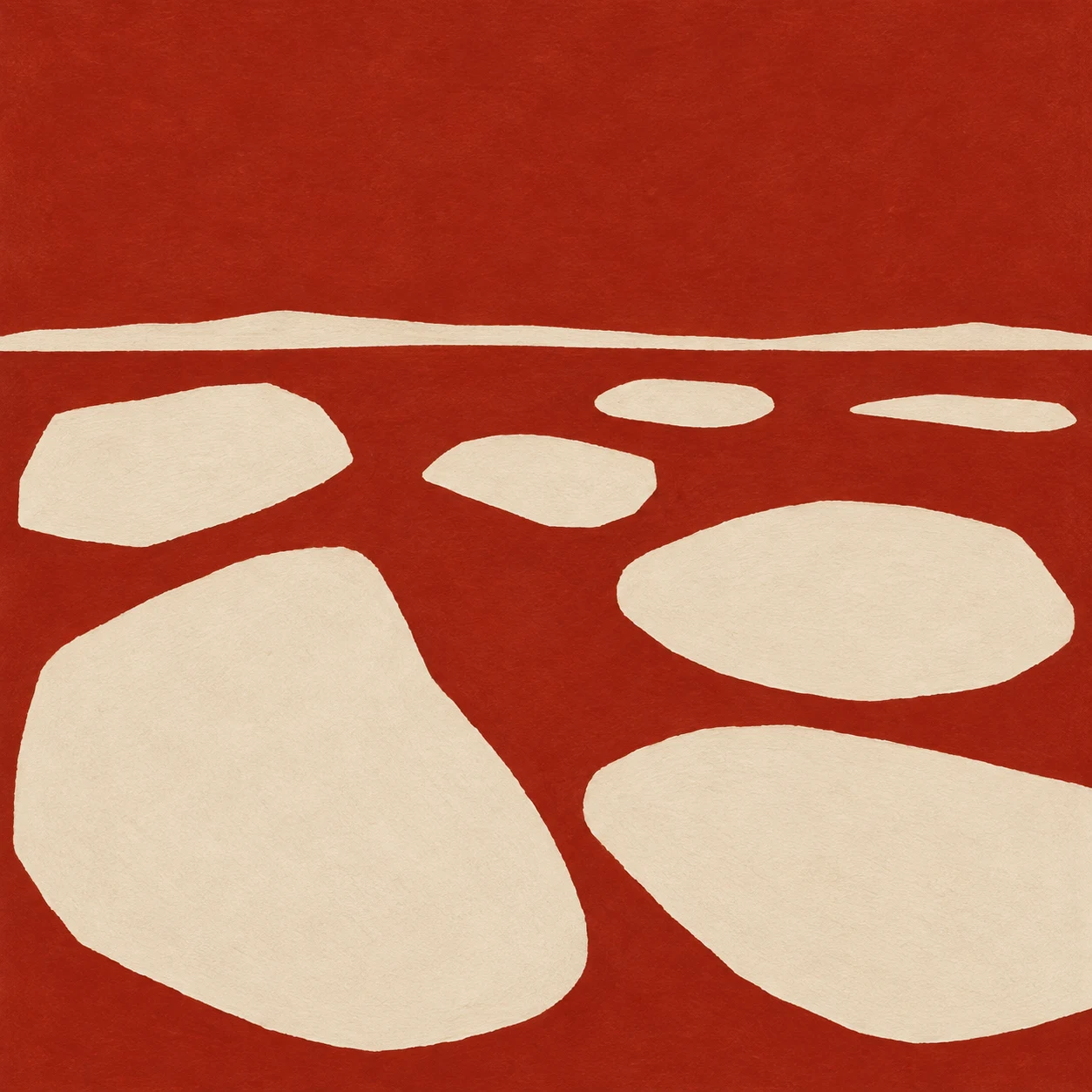 A loose grid of brush dots in red, cream, blush; square artwork.