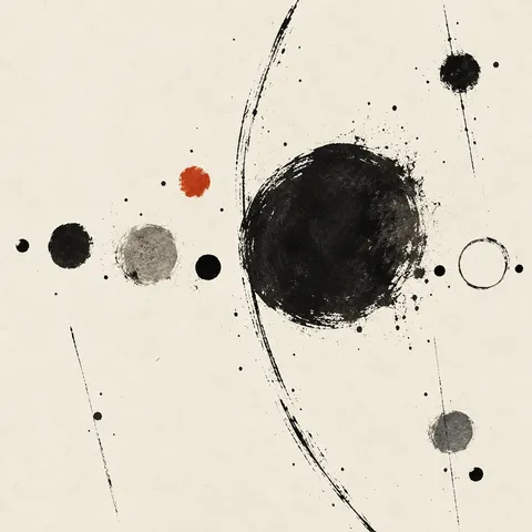 Scattered seed shapes in white, cream, gray; square artwork.