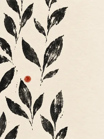A hand-blocked repeat of small leaves, imperfect registration in cream, charcoal, white, stone; portrait artwork.