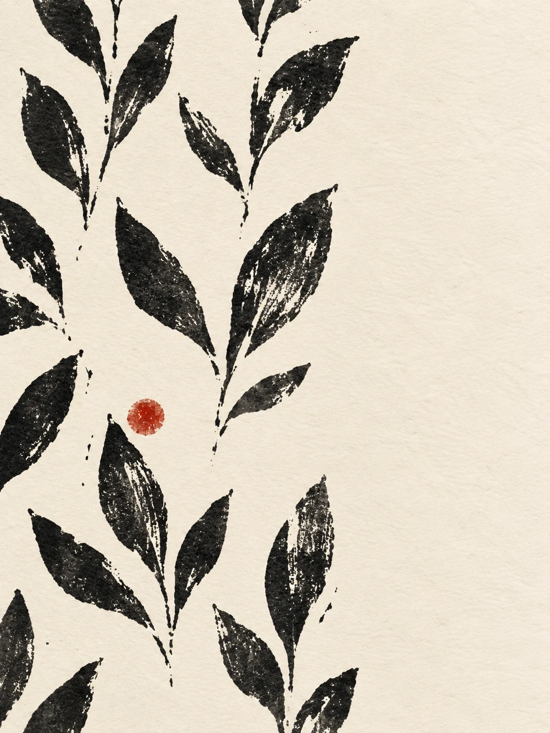 A hand-blocked repeat of small leaves, imperfect registration in cream, charcoal, white, stone; portrait artwork.