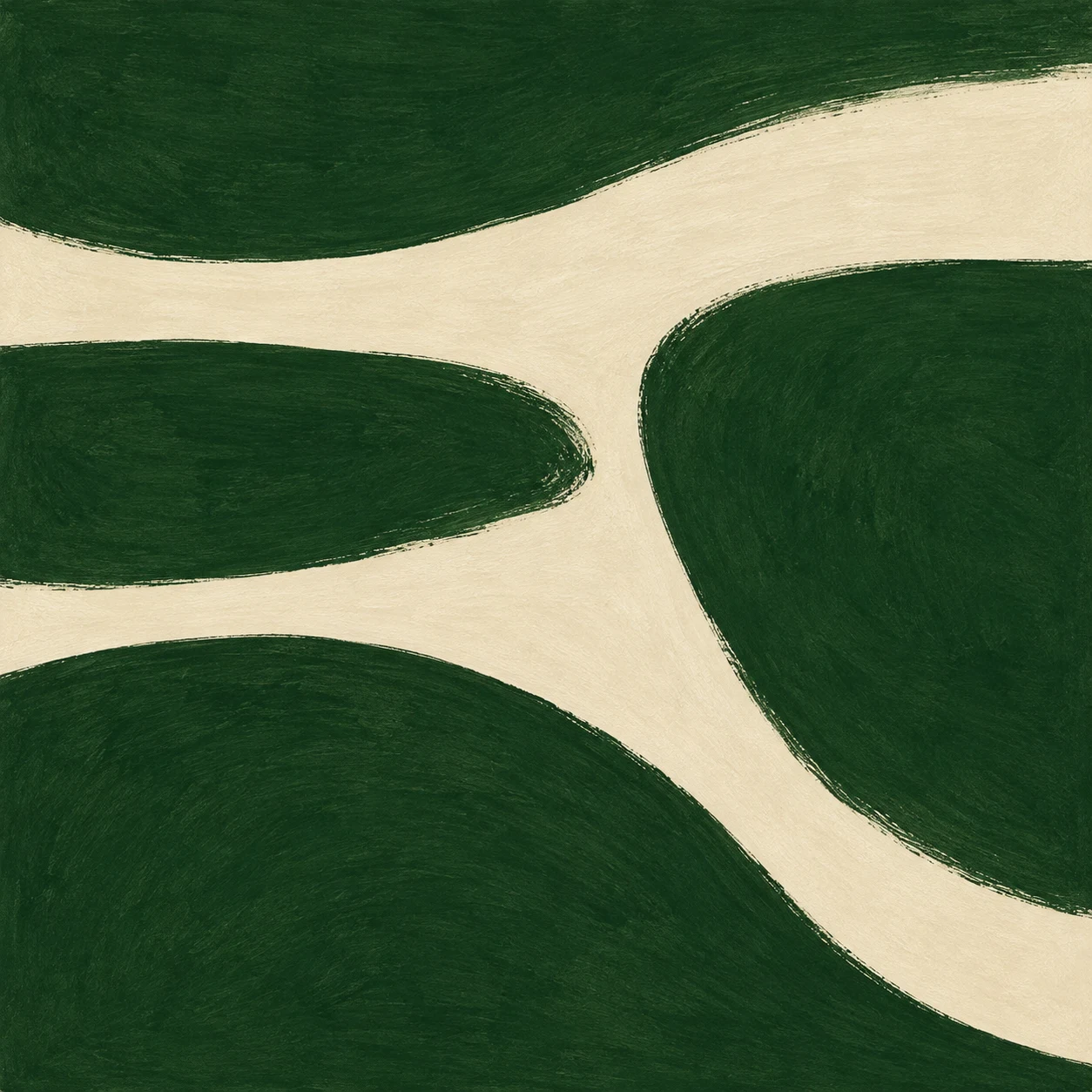 Broad rounded forest-green shapes separated by branching cream gaps, with subtle painted texture.