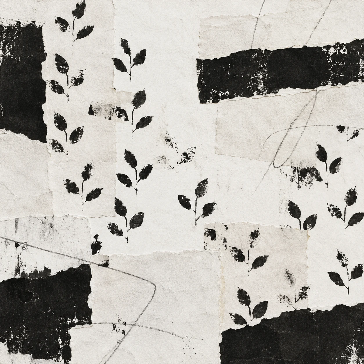 A hand-blocked repeat of small leaves, imperfect registration in cream, black, stone, charcoal; square artwork.