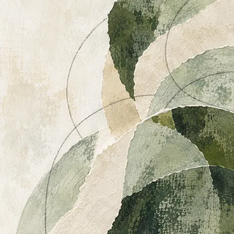 Overlapping arcs like fish scales in cream, stone, white, charcoal; square artwork.