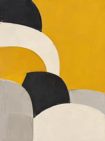 Overlapping arcs like fish scales in yellow, cream, stone, black; portrait artwork.