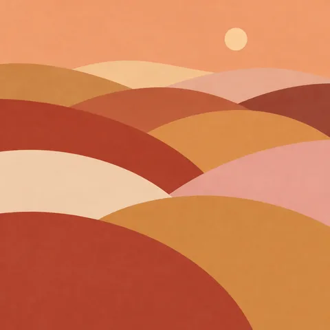 Overlapping terracotta, ochre, blush and cream hills beneath a pale sun in an orange sky.
