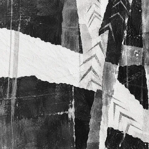 Chevrons that wander in charcoal, black, white, gray; square artwork.