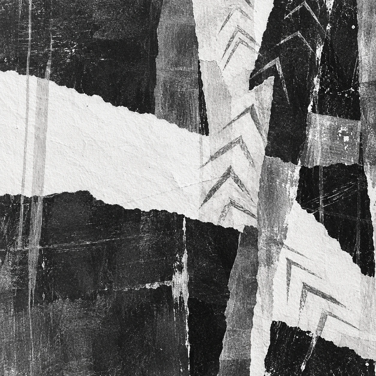 Chevrons that wander in charcoal, black, white, gray; square artwork.