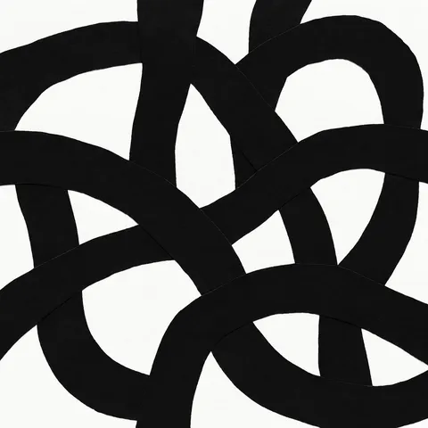 A woven lattice drawn by hand in black, white, gray; square artwork.