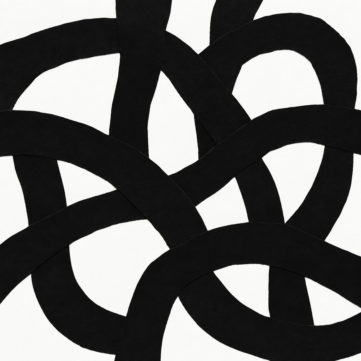 A woven lattice drawn by hand in black, white, gray; square artwork.