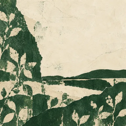 A hand-blocked repeat of small leaves, imperfect registration in cream, forest green, green, sand; square artwork.