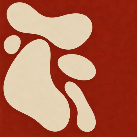 Scattered seed shapes in rust, cream; square artwork.
