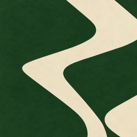Chevrons that wander in forest green, cream; square artwork.