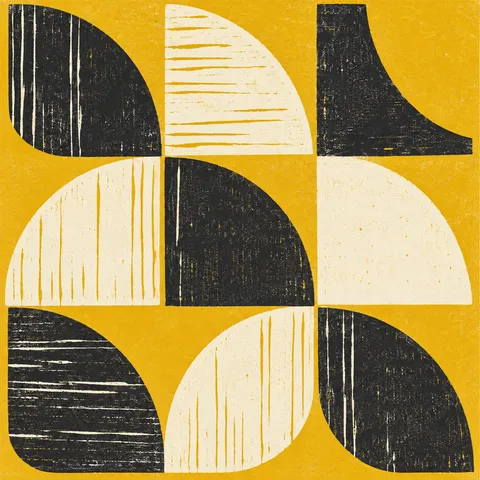 A tile pattern of quarter circles in cream, yellow, charcoal, black; square artwork.