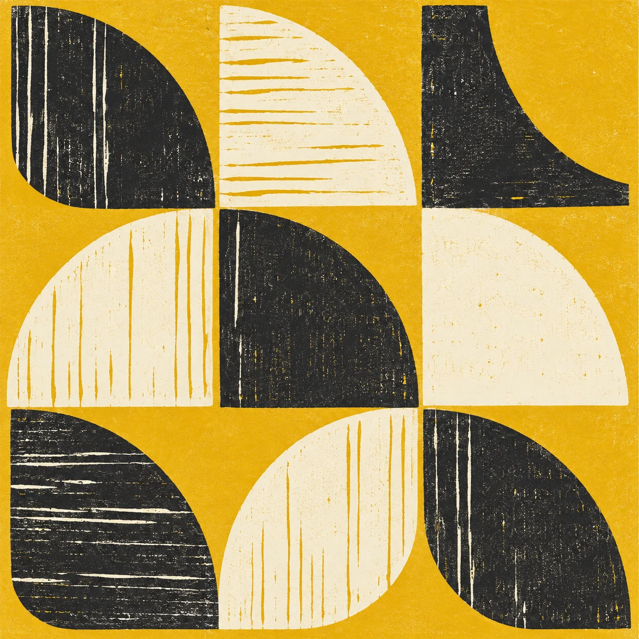 A tile pattern of quarter circles in cream, yellow, charcoal, black; square artwork.