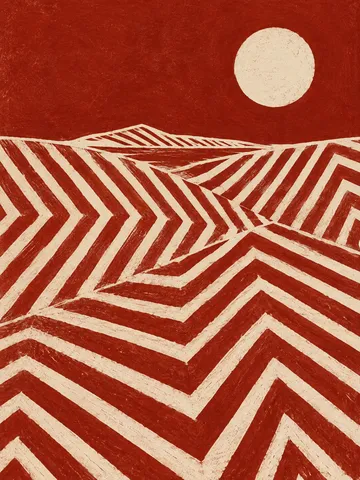 Chevrons that wander in rust, cream, ochre, red; portrait artwork.