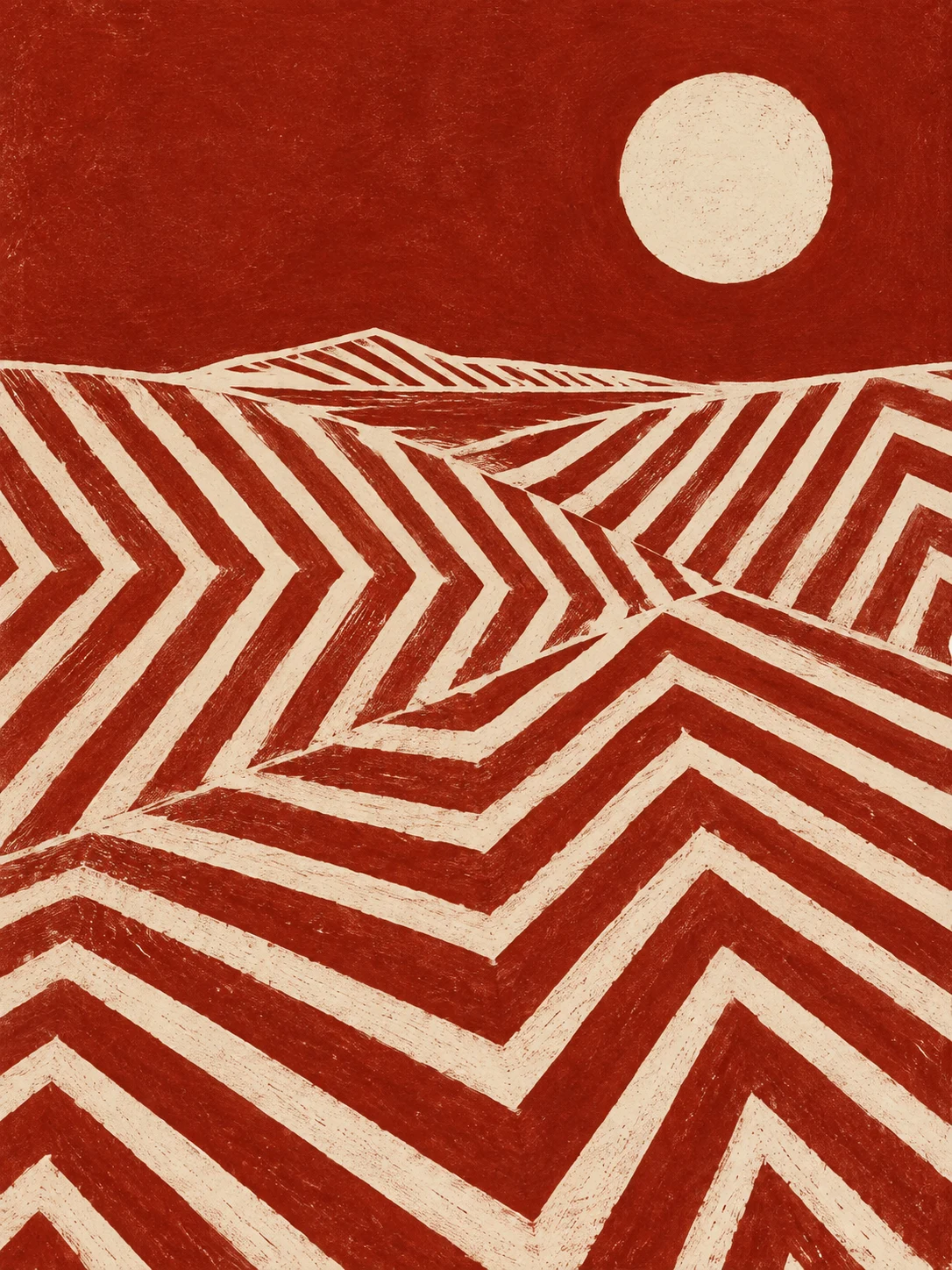 Chevrons that wander in rust, cream, ochre, red; portrait artwork.