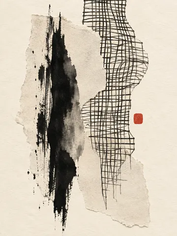 A woven lattice drawn by hand in cream, gray, white, charcoal; portrait artwork.