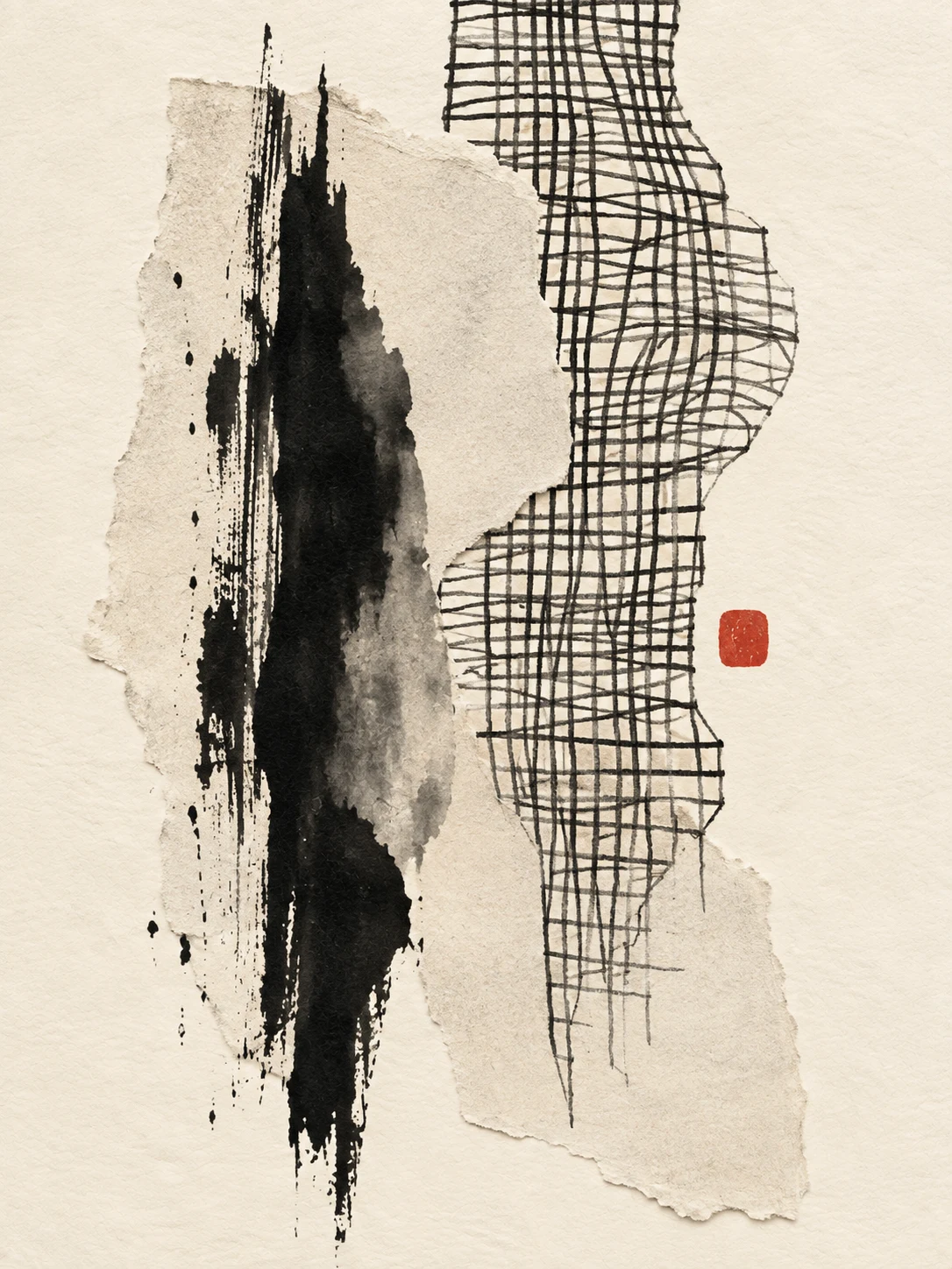 A woven lattice drawn by hand in cream, gray, white, charcoal; portrait artwork.