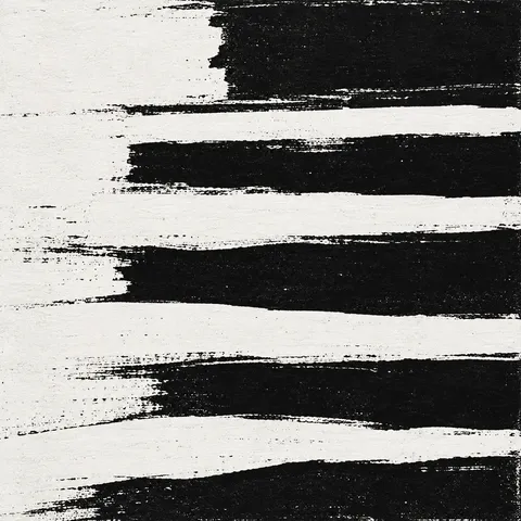 A stripe study with uneven hand-painted edges in white, black, charcoal, cream; square artwork.